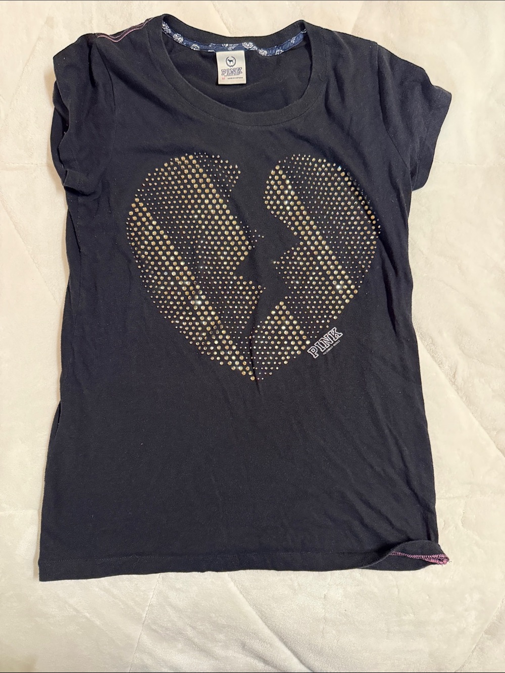 PINK Victoria's Secret Black Short-Sleeve Tee with silver Stud Heart